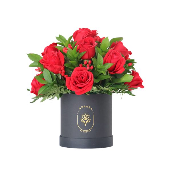 Box grande de 12 rosas rojas, himpericum y follaje