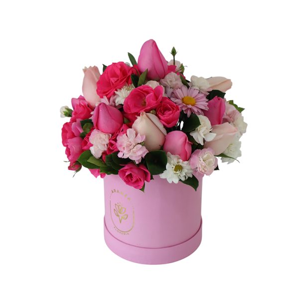 Box grande de rosas rosadas y claveles de colores