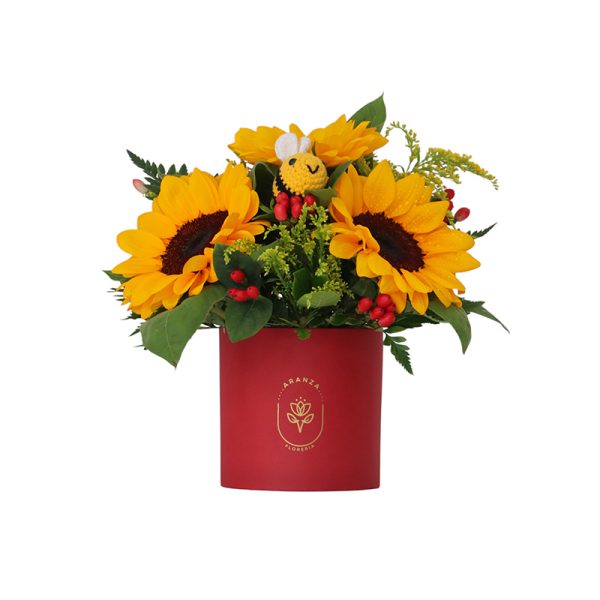 Box pequeño de 4 girasoles, flores variadas y follaje + llavero de abeja